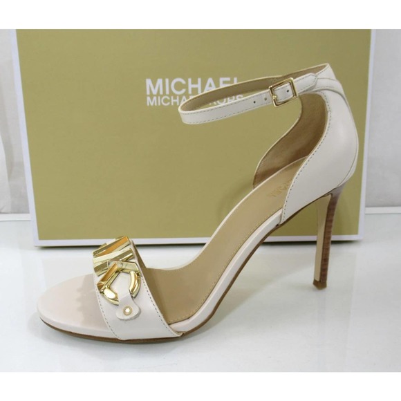 Michael Kors Izzy Sandals Heels Ankle Strap Dress MK Logo Light Cream Size 7.5 - Picture 2 of 7